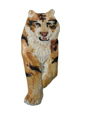 Vintage Hand Painted Tiger Porcelain Bolo Tie Clip Orange Black Cat 90s Retro